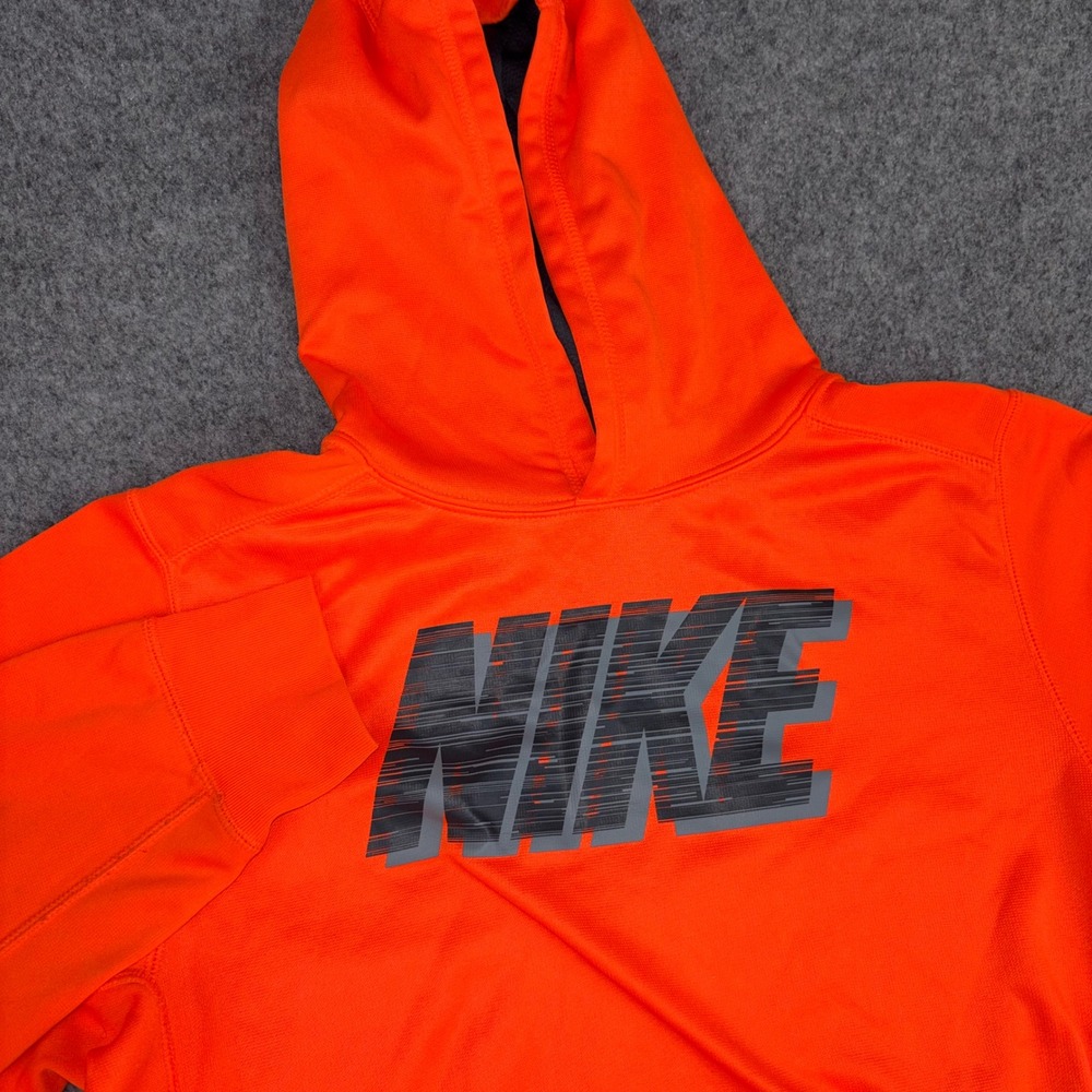 Nike Therma Fit Hoodie Kids XL Orange Pullover Sweatshirt Logo Graphic Athletic
